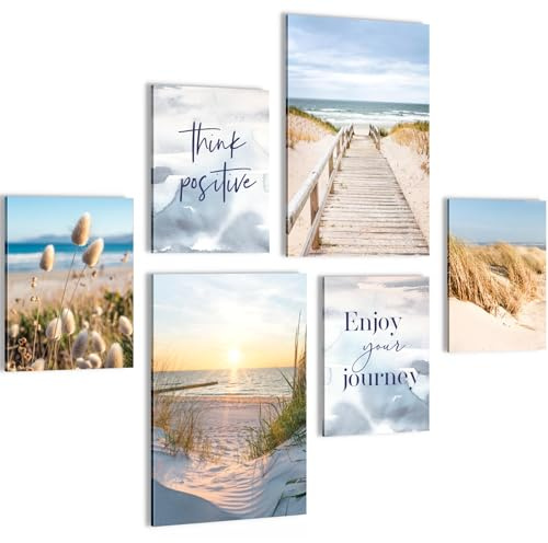 Novart Wandbilder Strand Meer Boho - KOMPLETT AUFHÄNGFERTIG - Blau Beige Wohnzimmer Schlafzimmer Flur - 6 Moderne Mood-Bilder - N034767b