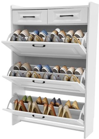 Ecoggeder Schuhschrank Weiss mit 2 Schubladen 3 Flip-Schubladen Anzahl der untergebrachten Schuhe Ca. 16-20 Paare Schuhregal Schuhkipper Schmal kann in Eingängen, Treppenhäusern, Wohnzimmern