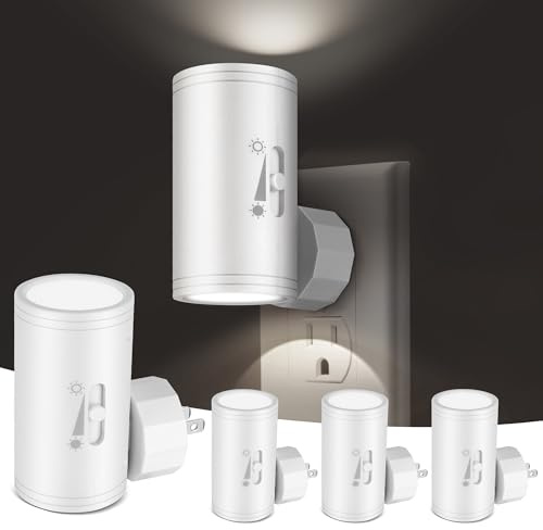 SETEN 4 Pack LED Wall Plug-in Night Light with Dusk to Dawn Sensor, 5000K Daylight White, Dimmable 0-300LM, Adjustable Rotating Lamp for Bedroom, Bathroom, Kitchen, Hallway (Auto On/Off, Wall Outlet)