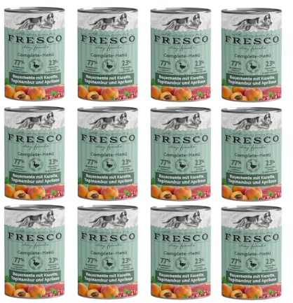 Fresco Complete-Menü Bauernente mit Kartoffeln, Tobinambur und Aprikose | 12er Pack | 12 x 400 g | Nassbarf für Hunde | Wichtige Proteine & Eiweiß | Aus reinem Muskelfleisch | Hundefutter Nass getreidefrei | Mono-Protein & 62% Frischfleisch | Nassfutter für Hunde ohne Zusätze | Aus Deutschland