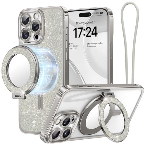Meifgino Magnetic Case with Removable Phone Ring Stand for iPhone 16 Pro Max 6.9, [Glitter Card & Wrist Strap] [Compatible MagSafe] Ring Stand Built in Mirror and Phone Case Kit, Sliver
