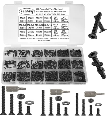 900 Piezas Tornillos Torx Cabeza Avellanado, M2 M2.5 M3 Tornillos Cabeza Torx en Plana de Máquina, Juego de Tornillo y Tuercas y Arandelas Rosca Completa Acero al Carbono 10.9 Negro con 3 llave.