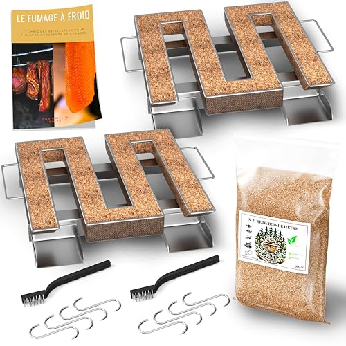 2 X Générateur/Serpentin de Fumée Froide pour Fumoir Viande et Poisson + 500 Gr de Sciure de bois de hêtre + 8 crochets et 2 Brosse de nettoyage - Guide Numérique PDF à Télécharger