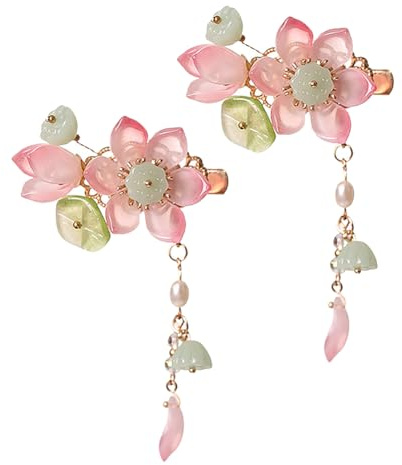 FSSTUD Chinesische Lotus-Haarspangen, Hanfu-Blumen-Haarspangen, handgefertigt, Vintage-Blumen-Haarspangen, elegantes Blumenhaarteil, Lotusblüte, Haarschmuck für Frauen und Mädchen, 2 Stück