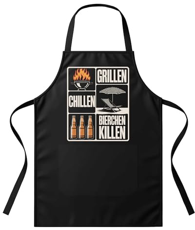 UGLYSHIRT Grillschürze Herren Grillen Chillen Bierchen Killen | Lustige BBQ Schürze mit Spruch | Geschenk für Männer, Bierliebhaber, Grillmeister, Vatertag, Geburtstag – Schwarz – One Size