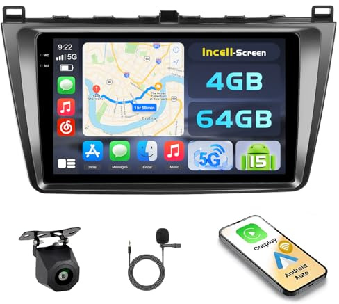 Hikity 4G+64G Android 15 Radio Coche Mazda 6 2007-2012 9 CarPlay | Android Auto Inalámbrico. BT. GPS. WiFi. FM/RDS. Cámara+MIC. Incell Touchscreen