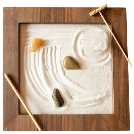 Wooden Zen Garden - Miniature Desk Ornament, Tabletop Sand Set, Decorative Meditation Accessory | Japanese Style Relaxation Tray with Stones Rake Tools for Office Living Room Home Decoration
