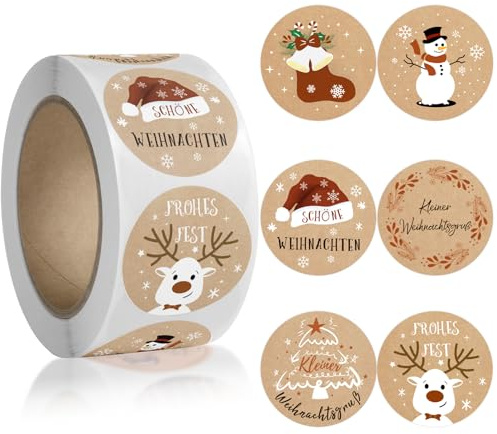 Aufkleber Weihnachten Rund im 6 Stil - 500 Stück Kraftpapier Weihnachtsaufkleber auf Rolle - Selbstklebende Weihnachtsetiketten für Geschenkverpackung, Weihnachtsdekoration (C)