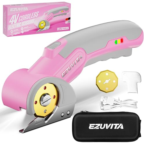 EZUVITA Ciseaux Électriques sans Fil 4V avec Lumière LED, Ciseaux Électriques avec Clé, Sac de Rangement et Lame de Rechange Revêtue de Titane pour Tissu, Cuir, Tapis et Plastique (Rose)