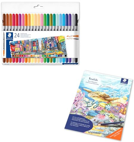 STAEDTLER 3200 Doppelfasermaler Etui mit je 24 Filzstiften für breite und schmale Linien + Gratis Malbuch Sealife