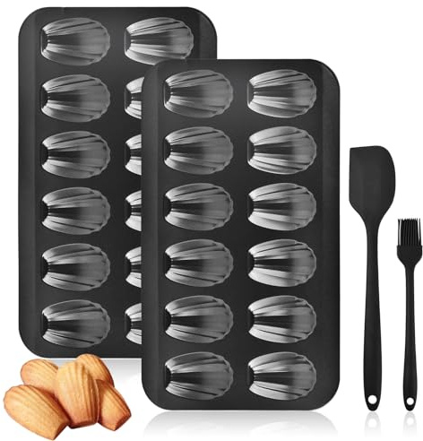 Astralong Lot de 2 Moules à Madeleines en Acier au Carbone Anti-adhésif - 12 Moules à Plateau Madeline Robustes en Forme de Coquillage Plaque Moule Gâteau pour Cuisine avec Brosse Spatule en Silicone