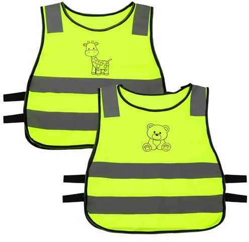 Satiskid 2er Pack Warnweste Kinder mit Bär und Giraffe Design, Sicherheitsweste Kinder 3-12 Jahre Reflektorweste mit 360° Sichtbarkeit, Kinderwarnweste für Schulweg, Fahrrad und Outdoor-Aktivitäten