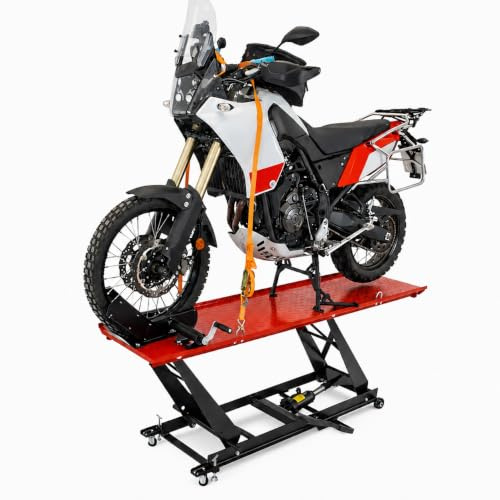 TRUTZHOLM hydraulischer Motorradheber 450 kg Tragkraft Motorradhebebühne | Nutzbreite 55 cm, Hubbereich 18-84 cm, abnehmbare Auffahrrampe, 4 Halteösen, 45° Vorderradklemmung, Parallelheber, Rot