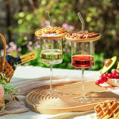 Imourari Vinglas set om 2 400 ml – transparent rödvinsglas med sugrör bambulock, vitvinsglas för rödvin vitt vin, iskaffe latte matcha