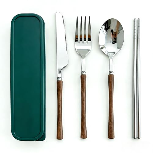 QZLSAYSL 6-Teiliges Geschirr Edelstahl Reise Besteckset, Camping Besteckset, Verstärkte Tasche mit Schnallenverschluss, Geeignet für Outdoor Camping, Reisen, Grüne Holzgriff
