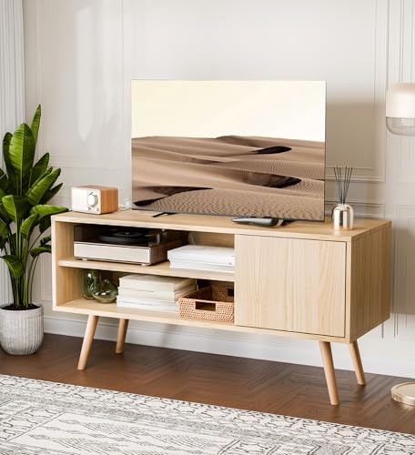 AUREUM OPAL TV Schrank, Lowboard für Fernseher bis zu 50 Zoll, mit 2 offenen Fächern unten und einem Schränkchen mit Tür, Fernsehtisch für Wohnzimmer, Esszimmer, Schlafzimmer (Eiche, 110 cm)