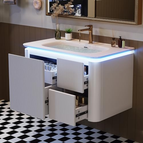 YuQozii 80,5 × 47,5 × 51 cm, armario de lavabo colgante de pared, completamente lacado, estructura vertical, lámpara LED con sensor de movimiento de radar, cajones silenciosos, lavabo de una pieza