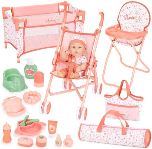 deAO Kit d'Accessoires de Poupées avec Poussette, Berceau et Chaise Haute | Poupées 30cm, Sac de Rangement, Biberons, Couverts, non Toxiques, Jeux de Rôle Jouets, Cadeaux pour Filles de 3 Ans +