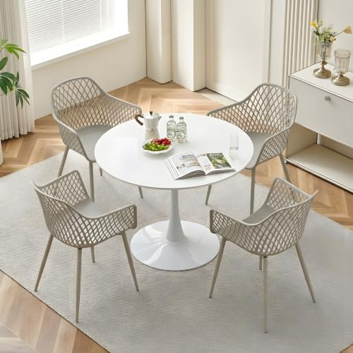 DazzlerE Runder Esstisch mit 4 Stühlen Set, Balkonmöbel Set für Kleinen Balkon, Gartenstühle für Garten, Terrasse, Balkon, Weiß Tisch (Ø 100 cm) + 4 Grau Sessel