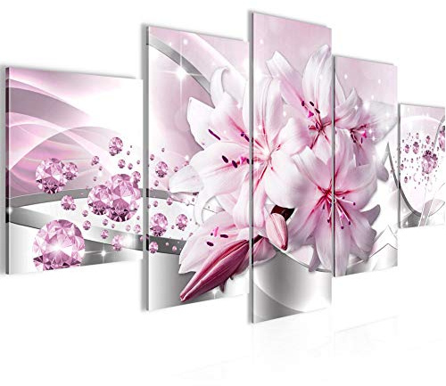 Runa Art Wandbilder Blumen Lilien 5 Teilig Bild auf Vlies Leinwand Deko Wohnzimmer Abstrakt Grau Rosa 021852c