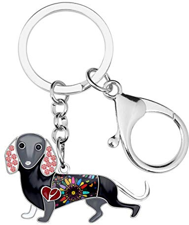 BONSNY Emaille Metall Herz Strass Dackel Hund Schlüsselanhänger für Frauen Kinder Auto Handtasche Ringe Charms Haustiere Geschenk (Schwarz)