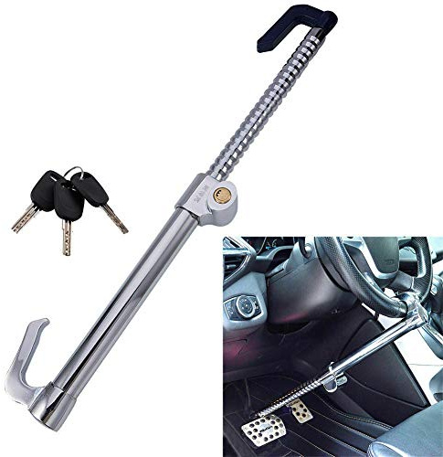 Vechkom Steering Wheel Brake Pedal Lock Anti Theft Clutch Lock Retractable Double Hook Double Protection for Car Truck SUV Van Security with 3 Keys | Retractable Anti Theft lock fits steering wheel to clutch (22.8-33.5). Aluminum-alloy & steel body,for Car Truck SUV Van