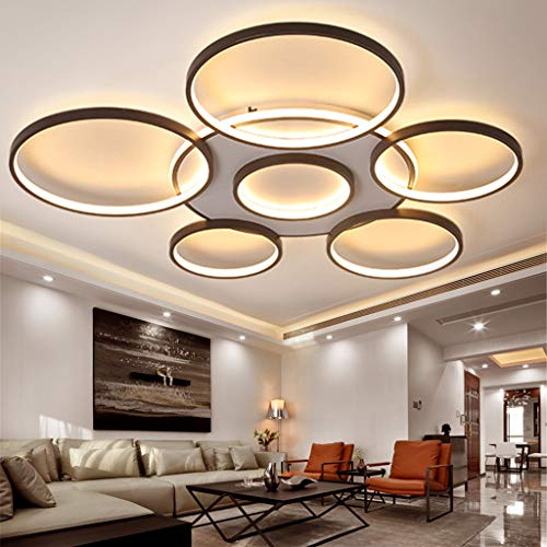 JINWELL LED Deckenleuchte Modern Kronleuchte Creative Pendelleuchte Deckenlampe Deckenstrahler Acryl Lampenschirm Modern Elegant Matt Aluminium Deckenleuchte (7 Rings/106W, Brown)