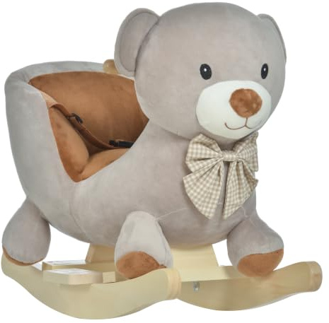HOMCOM Kinder Kinder Schaukelpferd Plüsch Ride On Bär Sitz w/Sound Holz Basis Sitz Sicherheitsgurt Kleinkind Baby Spielzeug für 18-36 Monate grau