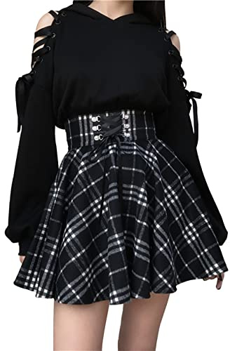 Damen Mini-Faltenrock, kariert, hohe Taille, Gothic-Stil, A-Linie, zum Schnüren