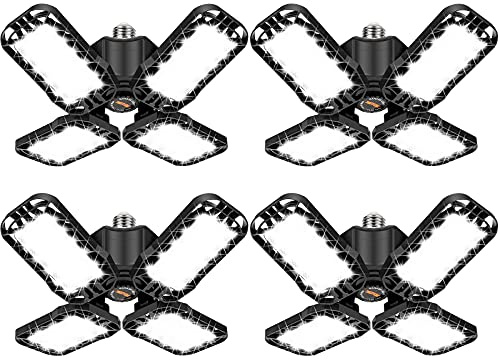 Tudoccy LED Garage Light 4 Pack, 180W Ultra Bright LED Shop Light with 4 Adjustable Panels, 18000LM E26/E27 Base Deformable Ceiling Fixtures for Garage, Workshop, Attic, Basement, Barn (Black-4 Pack)