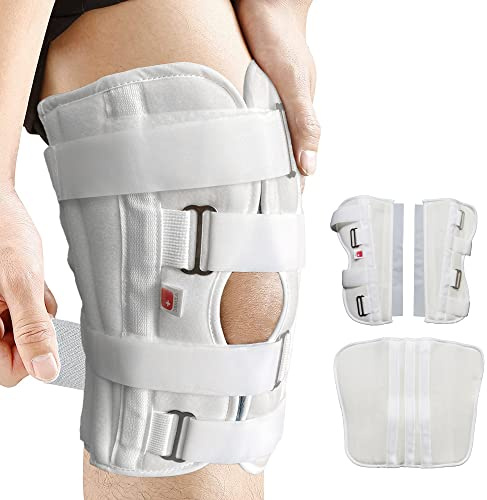 Azmec Straight Leg Brace Tri-Panel Orthopedic Knee Immobilizer 12 Long Adjustable Side Panels Knee Splint – Lightweight Universal Leg Brace for Adolescent, Women and Men - White