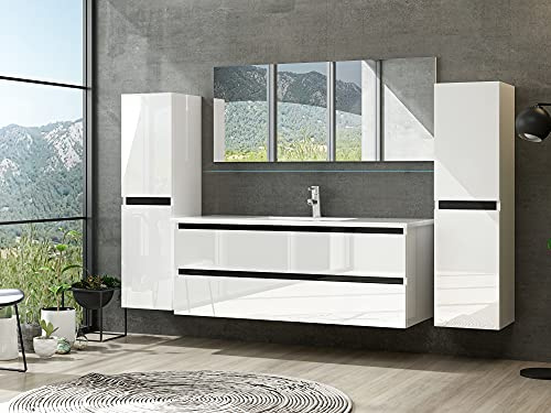 Badmöbel Set Hochglanz mit Schubladen Glas ablage (Dennis Weiss, 120 cm Einzelbecken 1x Hochschrank)