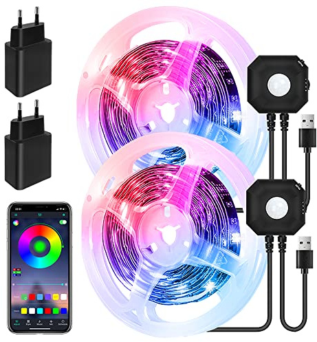 HOUHUI 3m RGB LED-Streifen PIR-Sensor APP-Steuerung 2 Stück | Bewegungsgesteuertes Nachtlicht, PIR Sensor, APP Steuerung, für Babybetten, Schlafzimmer, Kinder und Wohnräume