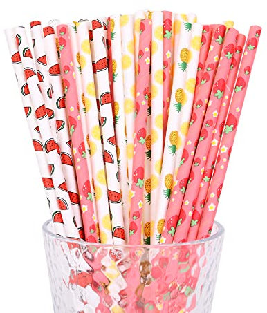 YAOSHENG Fruits Paper Straws, Pack 100 for Party Supplies,Birthday,Wedding,Bridal/Baby Shower,Juice, shakes,Smoothies