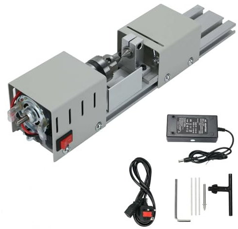 Onetuon Mini Lathe Beads Polisher Machine DIY CNC Machining for Table Woodworking Wood DIY Tool Lathe Standard Set 6 in 1 (Silver)