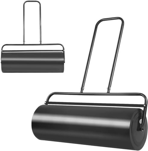 TANGZON 48L/60L/63L Steel Garden Lawn Roller, Water Sand Filled Outdoor Grass Roller with Removable Drain Plug & Scraper Bar, Heavy Duty Metal Lawn Push Rolling Tool (63L, Black)