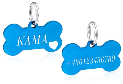 Hundemarke mit Gravur Knochen Hundeanhänger Adressanhänger Tiermarke aus Edelstahl Personalisiert ID Tag Namensschild für Halsband mit Name, Symbol und Telefonnummer (M, Blau)