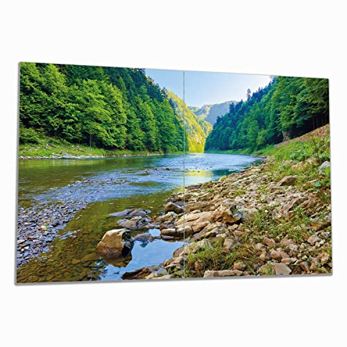 Wallario Herdabdeckplatte/Spritzschutz aus Glas, 2-teilig, 80x52cm mit 8 mm hohen Füßen, für Ceran- und Induktionsherde, Fluss in den Bergen an steinigem Ufer