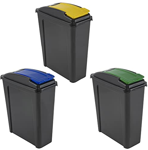 (𝐒𝐞𝐭 𝐨𝐟 𝟯) 25L Slimline Recycling Bin Slim Kitchen Trash Can Waste Rubbish Dustbin | Narrow spaces, Kitchen, Cabinet, Bathroom Under Kitchen Counter Bin (Blue + Green + Yellow)