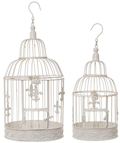 Moritz Deko-Vogelkäfig weiß rund 2er Set mit Fleur de Lis verziert Pflanzkäfig Dekokäfig für Blumen Kerzen Dekoration Hängedeko Windlicht
