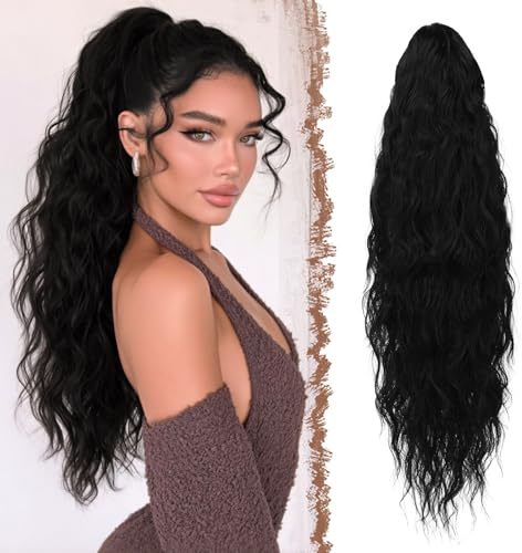 FESHFEN Lange Zopf Pferdeschwanz Haarextension mit kordelzug Lang Wellig Lockig Schwarz Synthetik Haarverlängerung Natürliches Clip in Haarteil Ponytail Kunsthaar Haarzopf für Damen 65cm