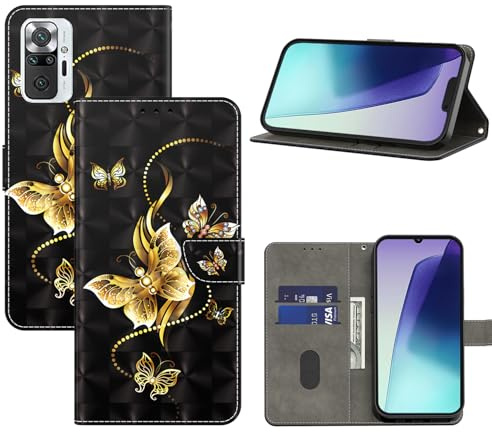 BOLELAW Hülle für Xiaomi Redmi Note 10 Pro – Stoßfestes PU Leder Wallet Case mit Magnetverschluss, Standfunktion & Kartenfächern, Golden Butterfly