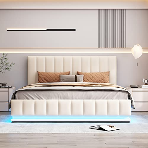 ZYLOYAL10 Polsterbett mit L-EE-D, Metalllattenrost & Bettkasten, Doppelbett mit höheverstellbarem Polsterkopfteil & hydraulischem Stauraum (Beige, 160 x 200 cm)