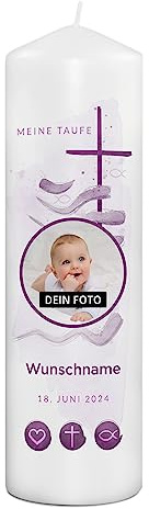 PhotoFancy® - Personalisierte Taufkerze mit eigenem Namen und Foto bedrucken lassen - Tauf-Kerze selbst gestalten - 29 cm Höhe - Design 'Wellen' mit Foto