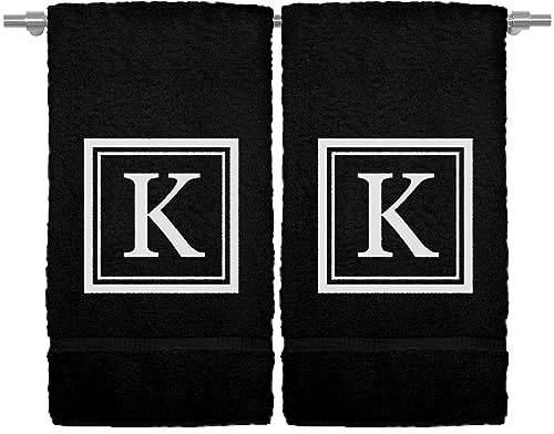 Monogrammed Hand Towel, 16 x 30 Inches Set of 2, Personalized Gift- White Letter Embroidered with Square Design on Black Towel - Extra Absorbent - 100% Turkish Cotton - Soft Terry Finish - Initial K