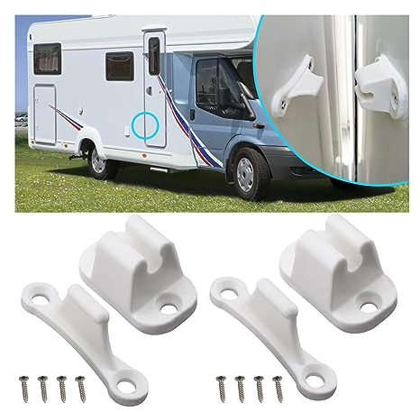 JNNJ 2 Pieces Door Retainer Kit, Caravan Door Holder, Plastic Motorhome Door Safety Catch, Motorhome Doors Retainer with Screws and Installation Tools, T Shape Doors Stop Retaining Catch for Caravan