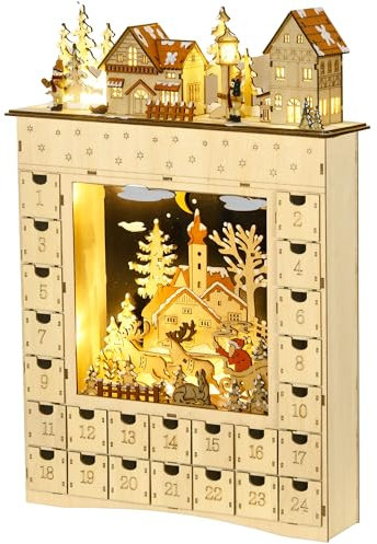 HOMCOM Calendario de Adviento para Llenar con Iluminación LED y 24 Cajones Cuenta Regresiva Calendario de Adviento de Madera de Navidad Decoración en Mesa 36x9x52 cm Natural