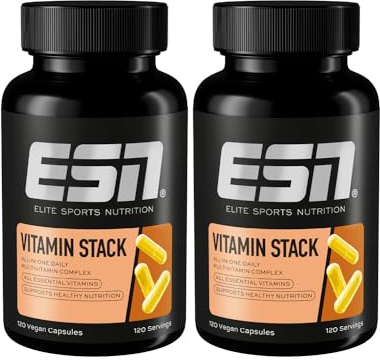 ESN Vitamin Stack, Multivitamin Kapseln, 2 x 120 Stück - 8 Monate Vorrat, hochdosiert, 13 wertvolle Vitamine in einer Kapsel, nur 1 Kapsel täglich, made in Germany