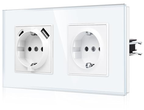 CNBINGO USB Steckdose mit Krallen, 1x USB-A/C, 2-Fach, Weiß Glas | Schuko Doppelsteckdose Unterputz mit mit USB-Anschluss, Ausgabe 2.1 Amp, Zweifach Wandsteckdose mit Kindersicherung