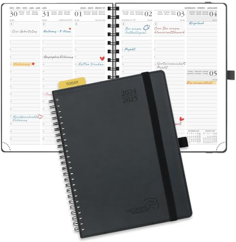POPRUN Agenda Settimanale 2025 Spirale 22 x 16,5 cm, Diario Scuola 17 Mesi da Ago.2024 a Dic.2025, Righello in Plastica, Copertina Morbida in Pelle Vegana e Carta Spessa da 80 GSM, Nero